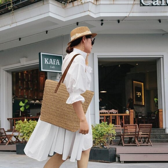Womens Large Straw Tote Bag Handwoven Summer Beach Shoulder Purse - Picture 6 of 6
